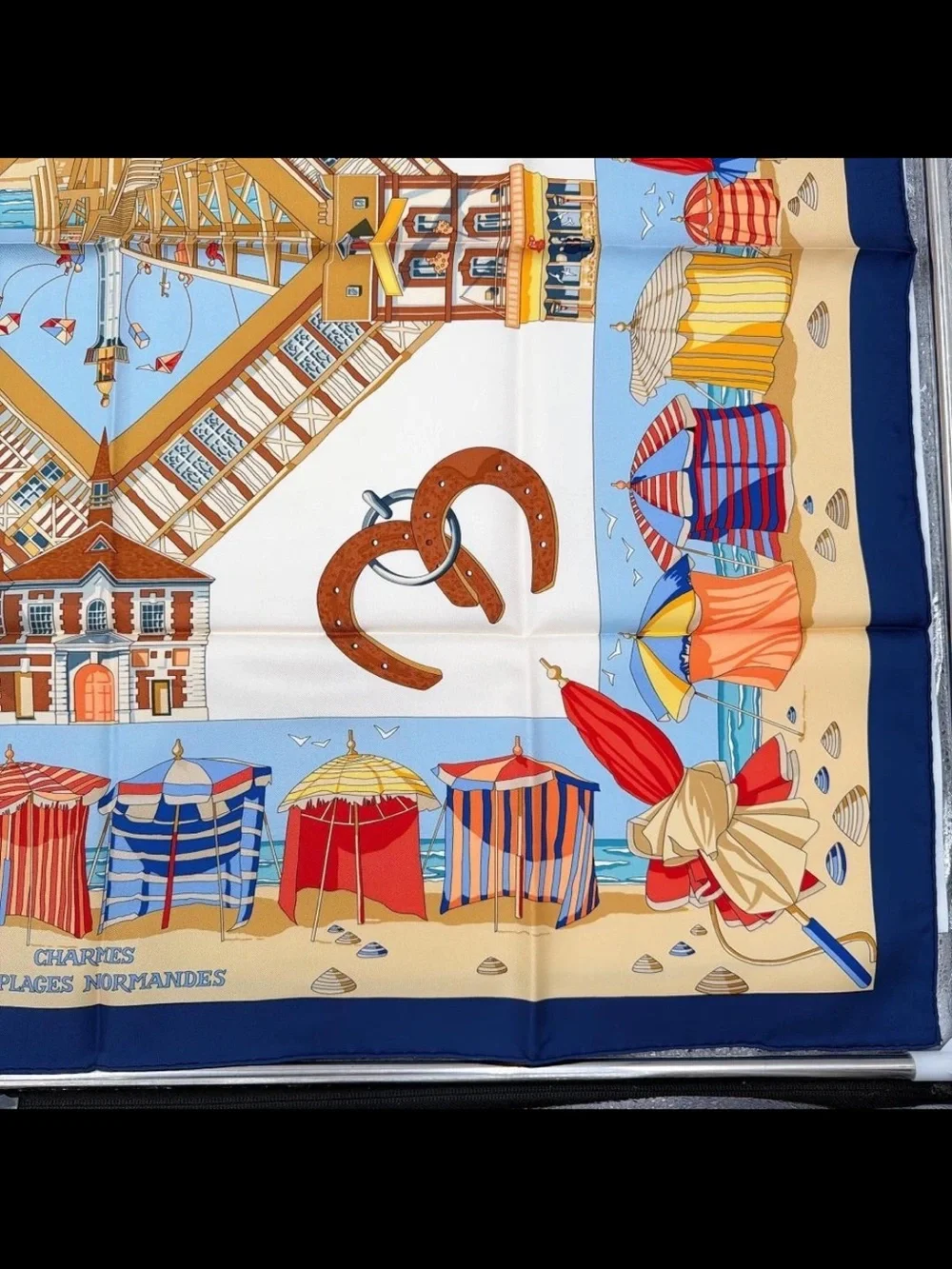 Hermes Blue Red Yellow Beach Cabins Silk Scarf